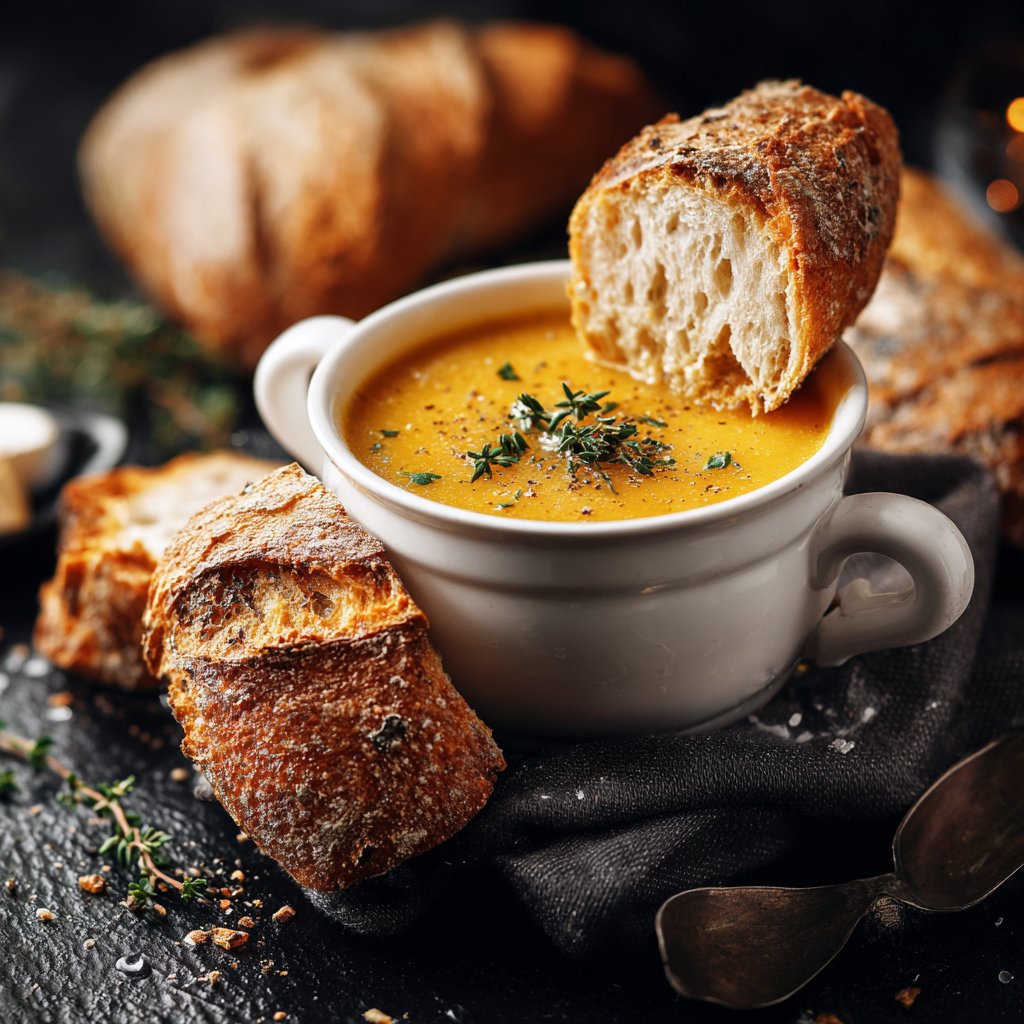 Abendessen mit Suppe und Brot